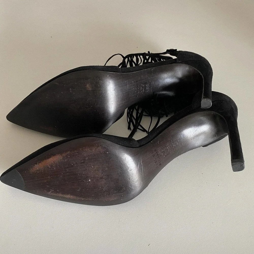 Stuart Weitzman Fringelica Black Suede Pump Point Toe Fringe Slim Heel A…